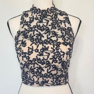 Jodi Kristopher Beaded Rhinestones Crop Top Tank Navy Nude Sheer Lace Lined Sz 0
